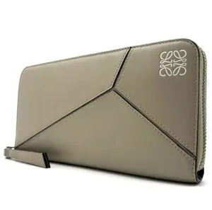 Pre-owned Loewe Calfskin Small Leather Goods Sand Grey Geometric Stitch Anagram Zip around Long Wallet J8070242