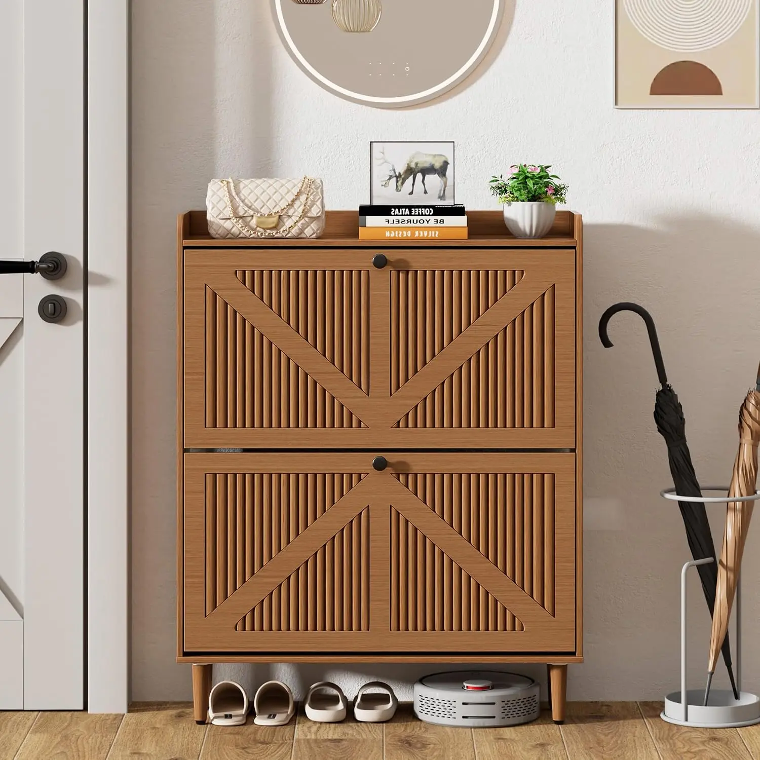 Mid-Century Narrow Shoe Storage Cabinet (Walnut) - 2 Flip Drawers, Adjustable/Removable Shelves, MDF Wood, Fluted Panels, Slim Hidden Thin Freestanding Organizer, Simple Setup for Entryway, Hallway