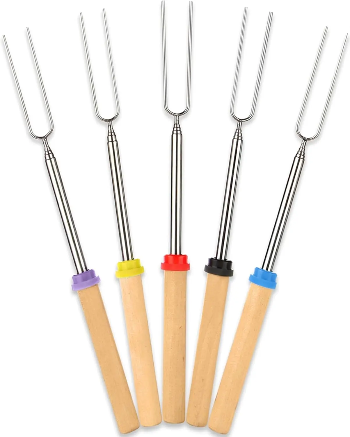 5-Pack 32-Inch 2-Pronged Stainless Steel Barbecue Forks with Wooden Handles - Kitchen & Barbecue Utensils for Fire Pit, Campfire, Perfect Gift for Friends, Family Smores & Marshmallow Roasting Essentials