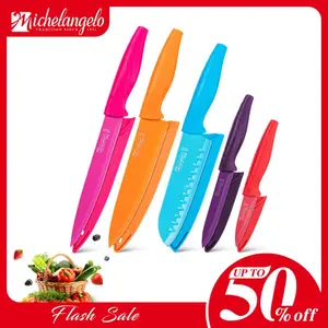 MICHELANGELO Knife Set, Sharp 10-Piece Kitchen Knife Set with Covers, Multicolor Knives, Stainless Steel Knives Set for Kitchen, 5 Rainbow Knives & 5 Sheath Covers