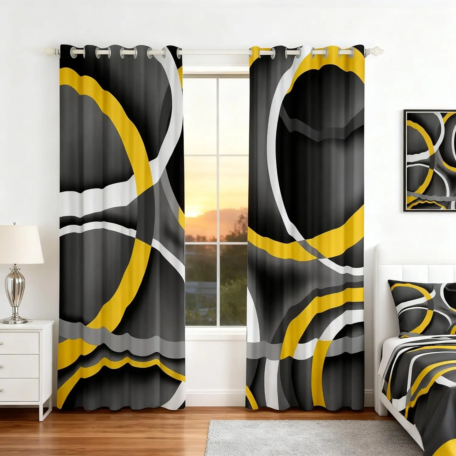 Gray Black Yellow Swirls Window Curtain Set of Panels,Modern Circle Geometric Window Drapes,Retro Abstract Art Blackout Curtains Adults Bedroom Decor