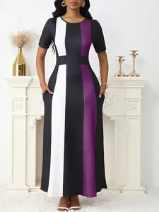 Elegant Slim-Fit Color-Block Long Dress, Stylish Short Sleeve Maxi Dress, Perfect for Casual & Party Wear, Women's Fashion Clothing, Womenswear, Lady