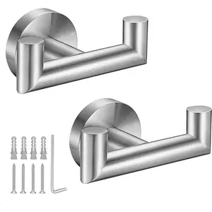 Brushed Nickel SUS304 Stainless Steel Heavy Duty Double Towel Hooks Wall Mount 2 Pack for Bathroom Kitchen Hanging Towels Coats Sponges Clothes