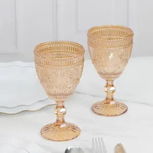 6-Pack Vintage Embossed Glass Goblets 11oz – Amber Gold Floral Pattern Wine & Cocktail Glasses