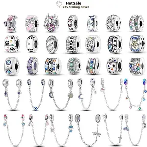 Original 925 Silver Buttefly Daisy Safety Chain Charms Fit Pendant Bracelet Star Moon Luminous Round Clip Beads DIY Jewelry Gift