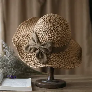 Elegant French Woven Straw Hat with Ruffled Bow - Retro Foldable Breathable Sun Hat for Women's Summer Beach Travel