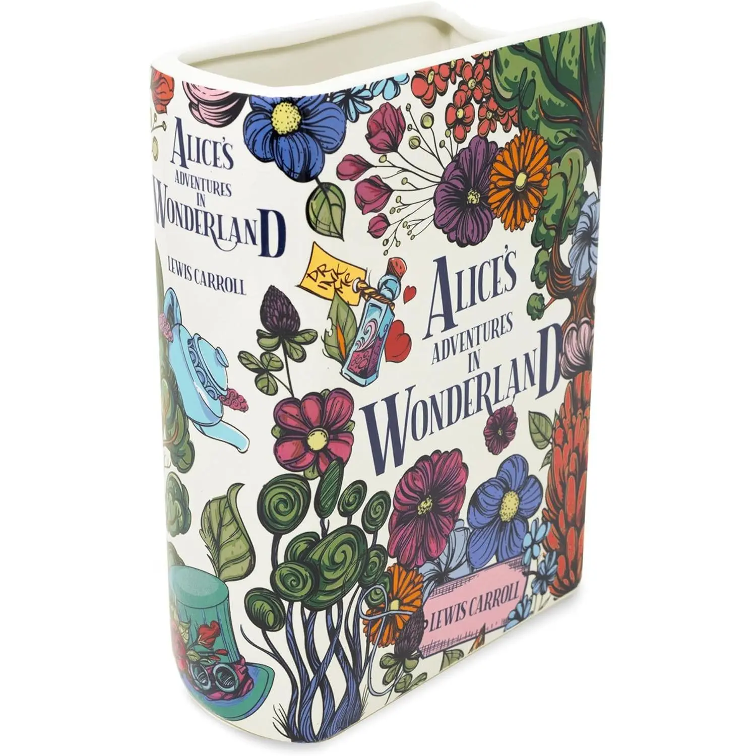 Steel mill co original large bookshaped decorative vase ceramic vases for home decor cute bookshelf decor unique vase for book lovers alices adventures in wonderland floral nonsense