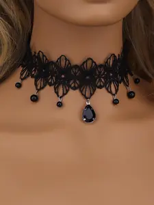 Women's Y2K Street Trend Rhinestone & Lace Choker, Elegant Trendy Choker Pendant Necklace, Fashionable Jewelry for Party Decoration, Fashionable Rhinestone Decorated