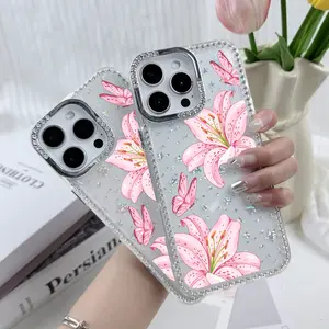 Bling Rhinestone Luxury Pink Lily Butterfly Case For Women Elegant Floral Style iPhone 17Pro Max Air 16 15Plus 14 13 12 11 XR XS cases Shockproof Clear Cover Shiny Jewelry Accessory For Girls.NN126