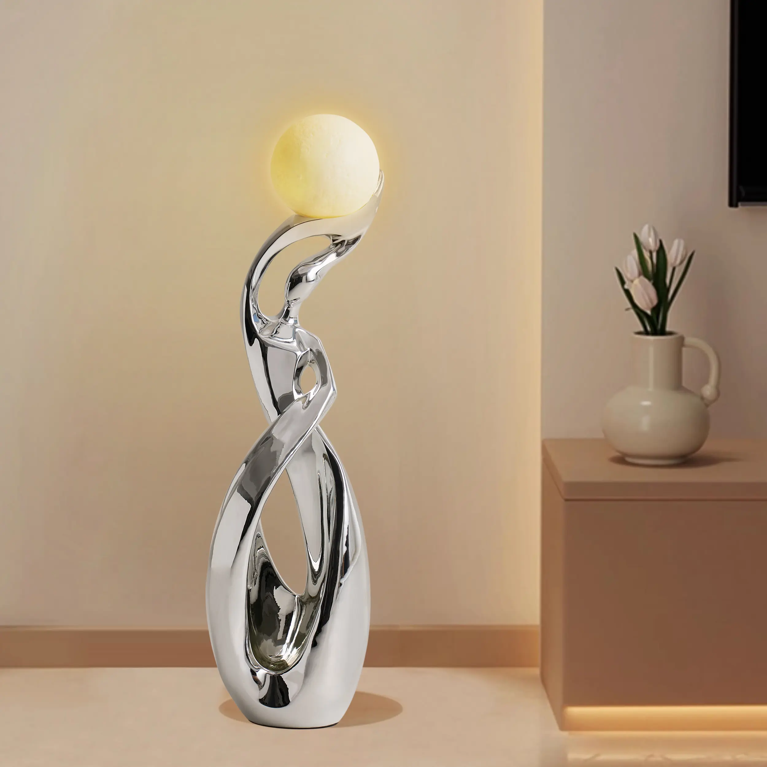 Homary 9"x32" Silver Reflective Resin Sculpture, Corded LED Color Changing Illuminated Light Sphere, Modern Aesthetic Home Decor Statue for Room Decor