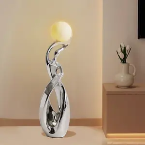 Homary 9"x32" Silver Resin Sculpture with Illuminated Sphere, Modern Art Home Decor Statue