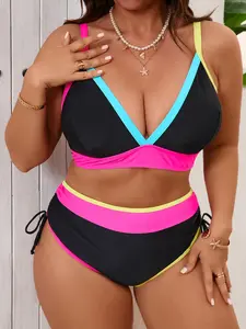 Two-Piece Set Plus Size Colorblock Bikini Set, Casual Fashion Chic Swimsuit for Beach Holiday Vacation, Women's Swimwear for Summer, Swimming Suit