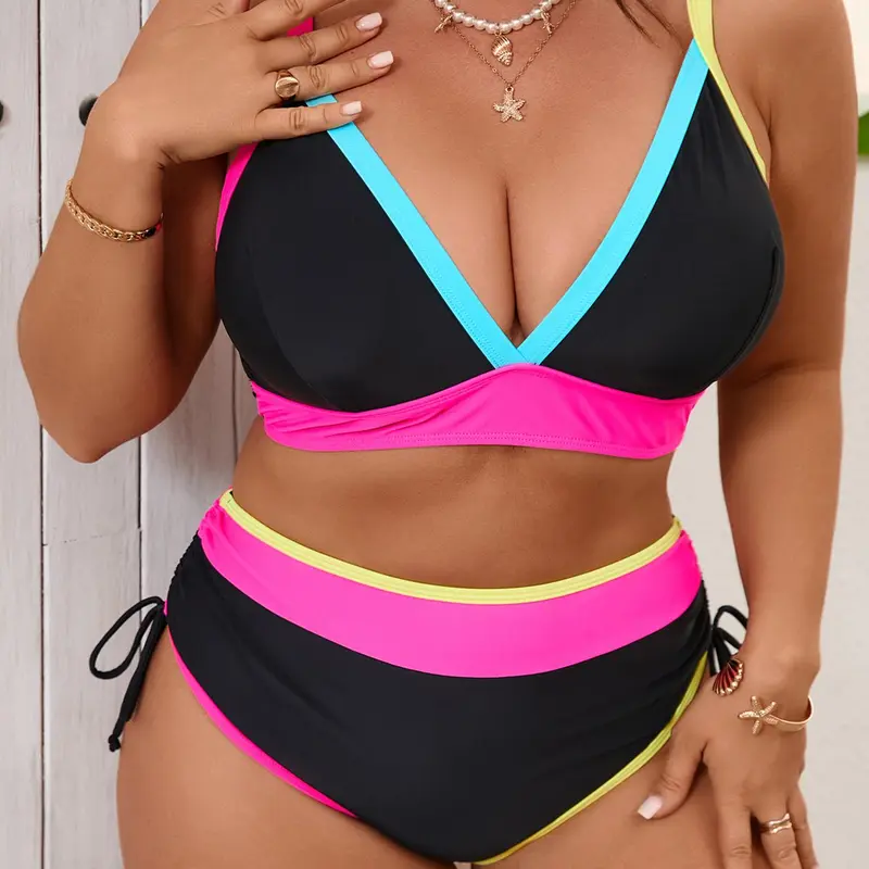 Two-Piece Set Plus Size Colorblock Style Bikini Set, Casual Fashion Chic Swimsuit for Beach Holiday Vacation, Women's Swimwear for Summer, Two Piece Swimsuits