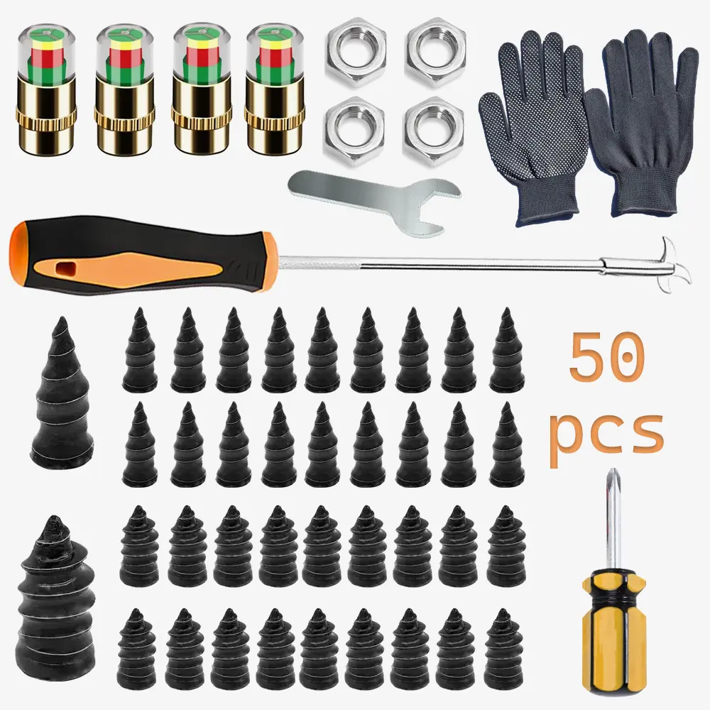 Flat Tire Repair Kit – 50PCS Tire Plug Nails with Screwdriver, 4 Tire Pressure Valve Caps, Cleaning Hook & Gloves | Car Emergency Tool Set
