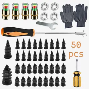 Flat Tire Repair Kit – 50PCS Tire Plug Nails with Screwdriver, 4 Tire Pressure Valve Caps, Cleaning Hook & Gloves | Car Emergency Tool Set