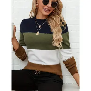 Women's Elegant Striped Color-Block Sweater - Soft Elastic Crew Neck Pullover, Suitable for Office and Casual Wear, All-Season Versatile Top, Black/Pink/Maroon/White Stripes, Cute Knitted Sweater, Daily Comfortable Clothing, Medium Elasticity, Durable Kni