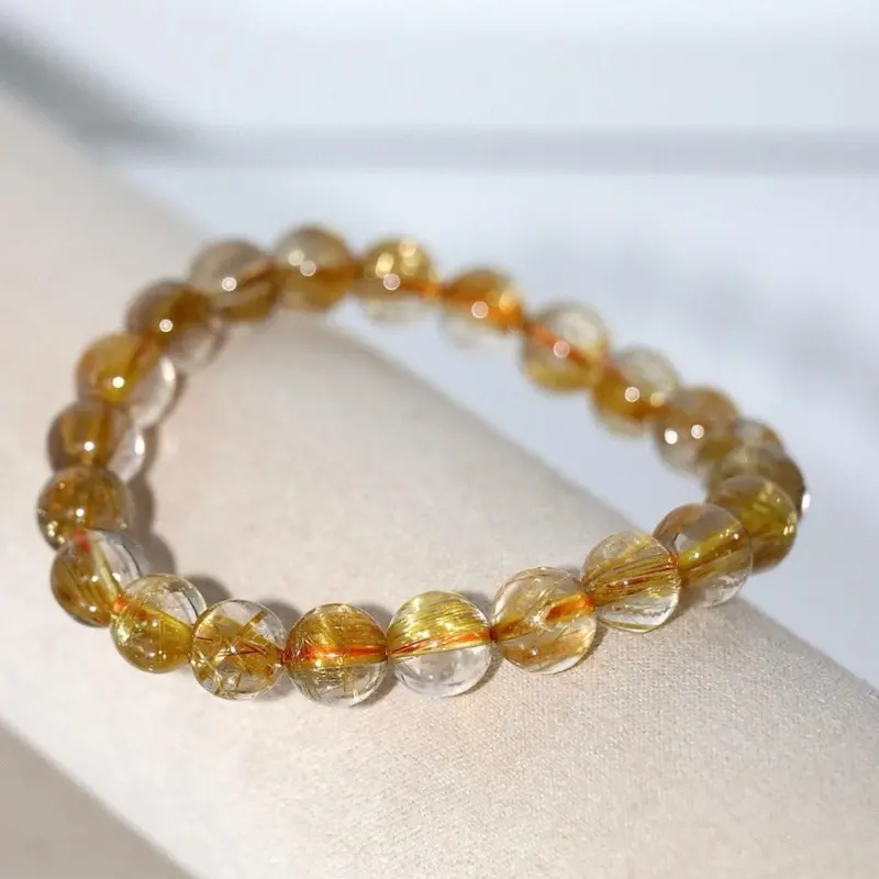 8mm Natural Gold Rutilated Quartz Bracelet – Wealth & Energy Healing Stone “Wealth Crystal Energy – Good Luck & Success”