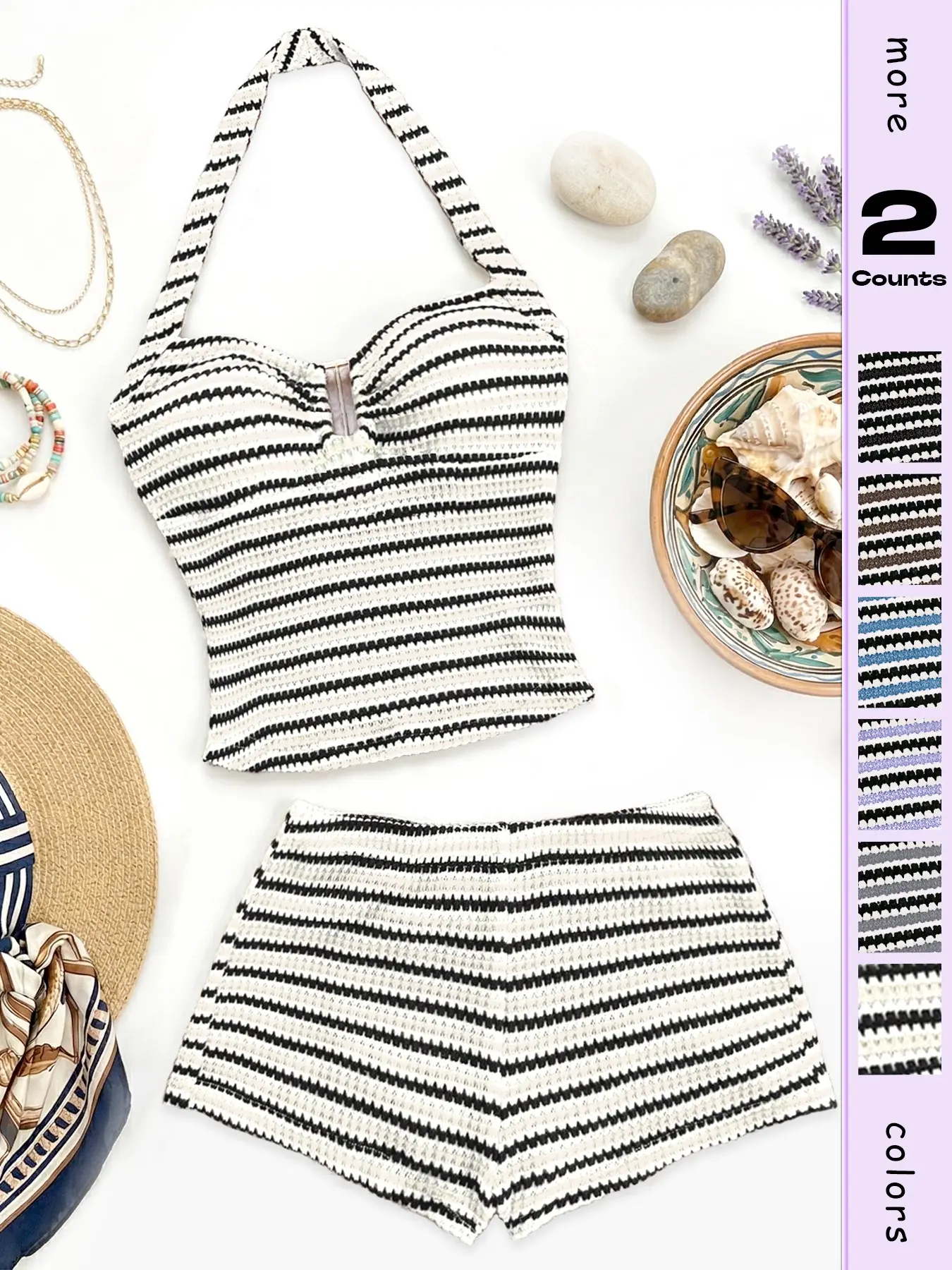 Women's Summer Two-Piece Set Striped Halter Neck Top Mini Shorts, Knit Shorts Set, Casual Beach Vacation Wear, Stylish Ladies' Clothing