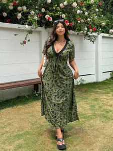 EZwear Plus Size Green V-Neck Lace Patchwork Dress – Casual Summer Sundress for Women