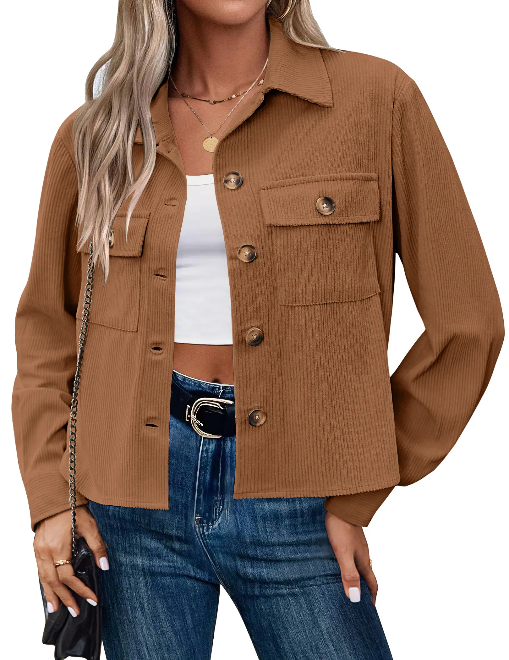 Women‘s Fashion Cropped Corduroy Shackets Button Down Jackets Tops Fall Trendy Lightweight Long Sleeve Shirts summerwins