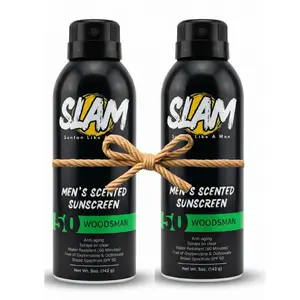 DOUBLE PACK-  SLAM Men's Scented Sunscreen Spray SPF 50 Manly Fragrance Paraben-Free Formula for Younger Looking Skin Beachman Aroma US