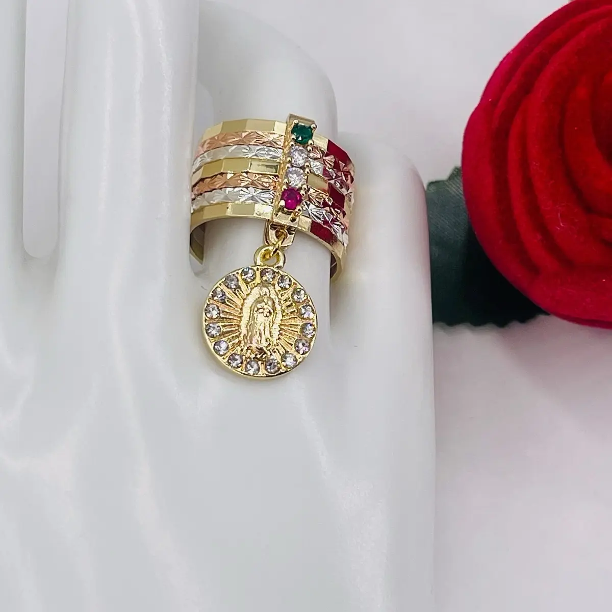 Virgin of Guadalupe Weekly Ring - 3-Tone Gold Plated, Cubic Zirconia Stones, Sizes 7/8/9 - Elegant Unisex Fashion Daily Religious Jewelry, Gifts for Women