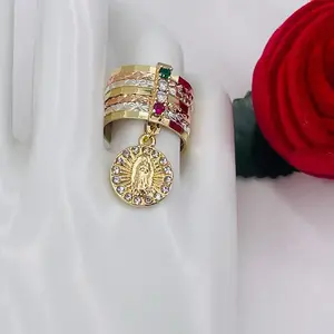 Virgin of Guadalupe Weekly Ring Three-Tone Gold Plated with Cubic Zirconia Stones in Sizes 7 8 9 for Religious Gifts