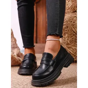Women's Comfortable Soft Sole Low Top Loafers, Slip-On Chunky Heel Work Shoes, PU Leather Patchwork Design, Spring & Fall Fashion