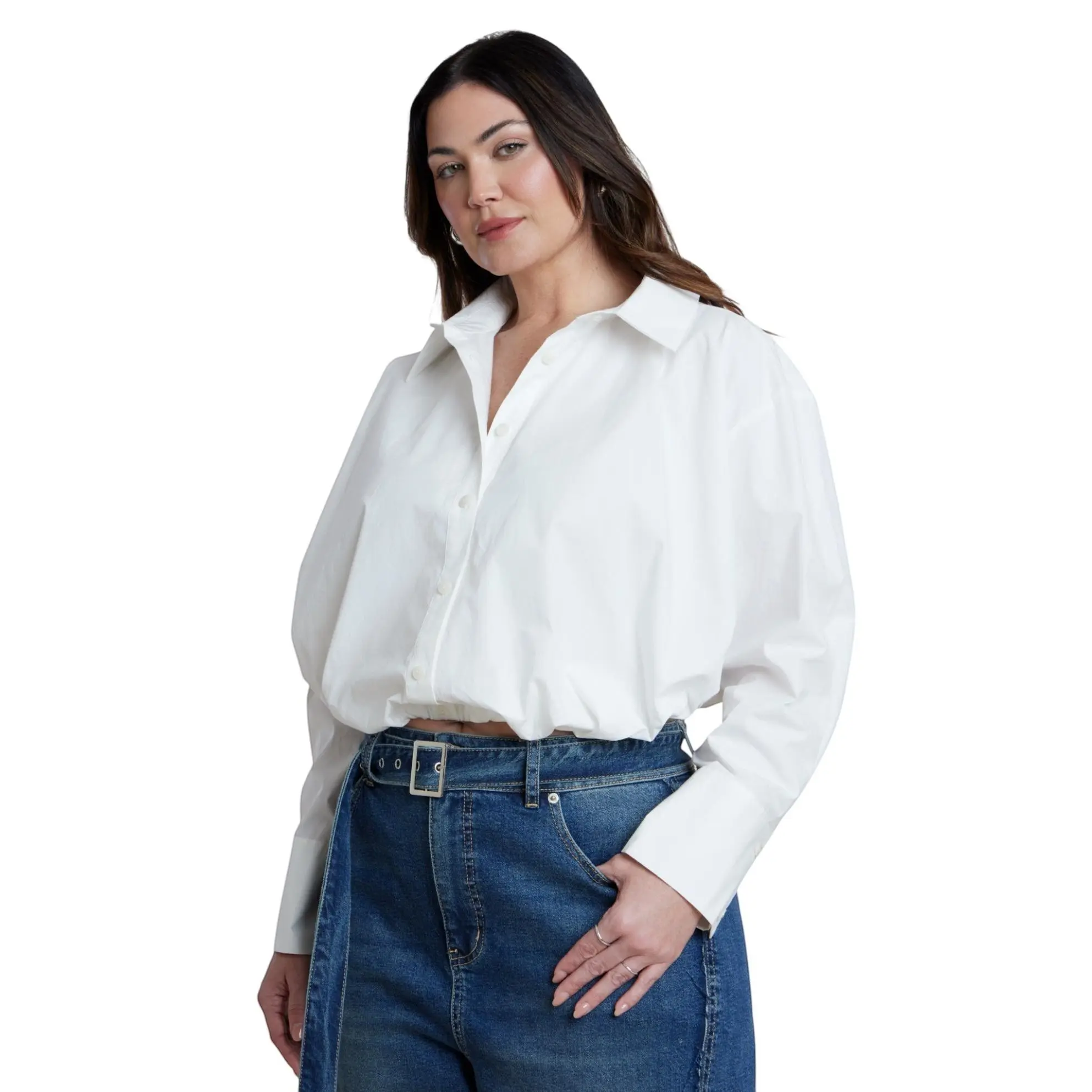 ELOQUII Women's Plus Size Bubble Button Up Crop Top