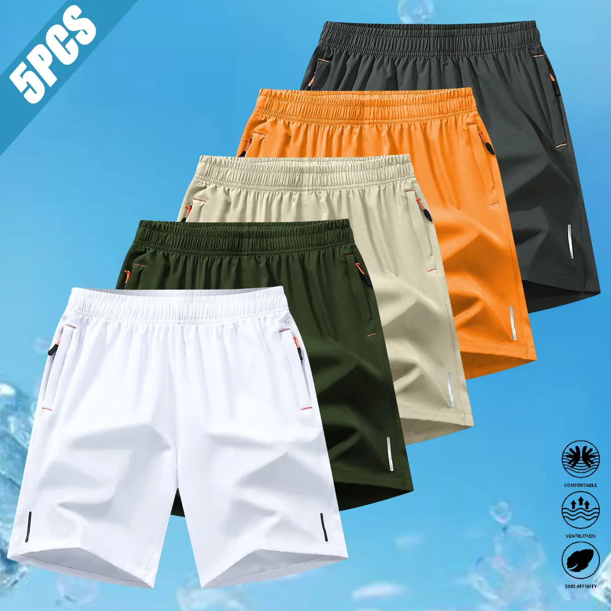 Pack of 5 men’s solid shorts with zippered pockets, casual summer style, comfortable and breathable polyester fabric; suitable for everyday wear, tropical tones, available. Menswear