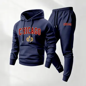 Men's Chicago Printed Hoodie and Drawstring Sweatpants Set, Menswear, Casual Athletic Long Sleeve Hooded Jacket & Trousers for Fall & Winter, Men's Clothing for Daily Wear, Sportswear Indoor Outdoor, Tracksuit, Athleisure Summer Clothes