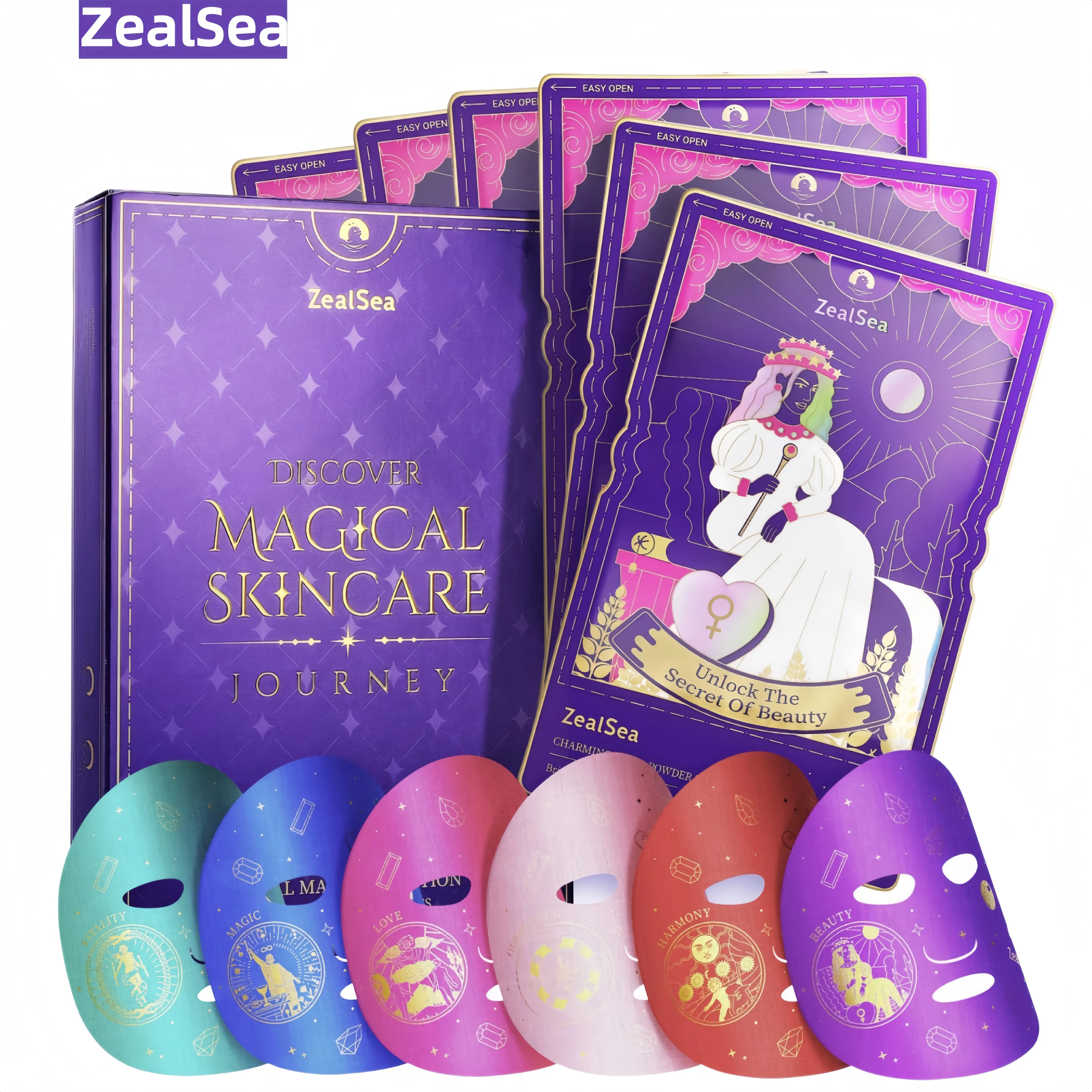 ZealSea Collagen Facial Mask Mix Set,6 Pack Unisex Biodegradable 28ml Hydrating Sheet Masks with Astaxanthin, CoQ10, Anti-Aging, All Skin Compatibility, Leave-On Tarot Art Self-Care Face Care Products For At-Home Spa Use Skin Repair, Unscented