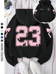 Women's Casual Loose-Fit Hoodie with Bow Print & Pockets, Long Sleeve Thick Fabric, Perfect for Daily Wear & Fashionable, Womenswear Sweatshirts