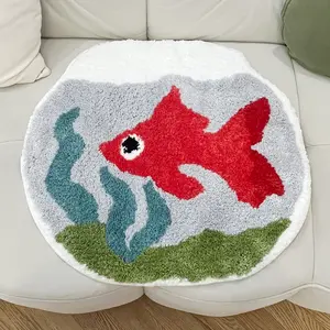 Cute Goldfish Tank Flocking Rug, Soft and Cozy, 3D Textured, Living Room Sofa Cushion, Bedroom Floor Mat, Anti-Slip Bottom, Warm and Comfortable, Cartoon Pattern Rug, Home Decor Rug