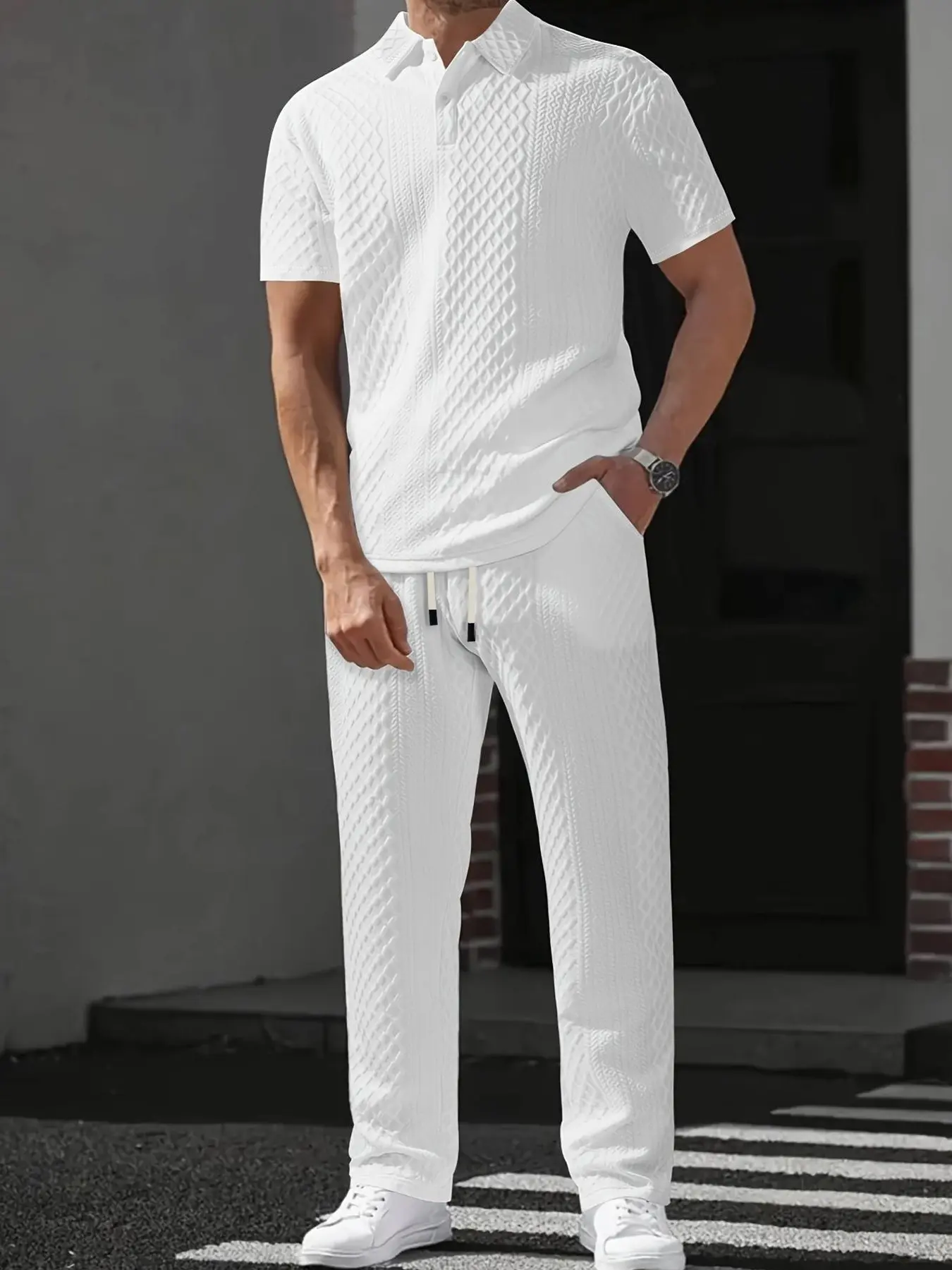 Men's Solid Color High Texture Polo Shirt Long Pants Matching Style Set, Summer Breathable Luxurious Business Casual, 2 Piece Suit Outfit
