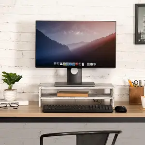 2-Tier Rustic Whitewashed Wood Computer Monitor Stand and Desktop Shelf