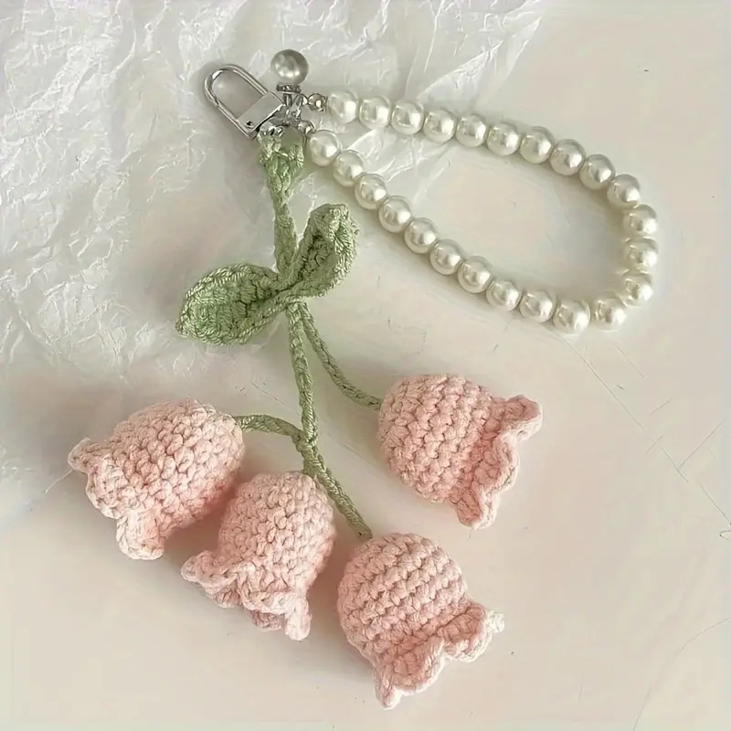 Handmade Floral Crochet Keychains with Pearl Beads, Whimsical Bag & Purse Charm, Durable Zinc Alloy Accessory Hook for Gifting, Handmade Keychains, Flower Keychains