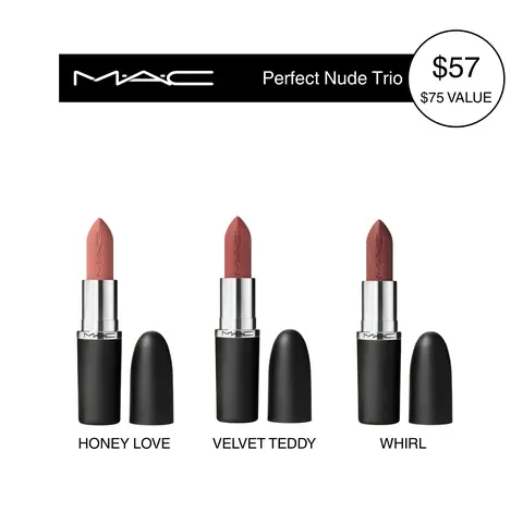 MAC Perfect Nude Trio | Velvet Teddy | Whirl & Honeylove | 12HR Matte Coverage, 3-piece