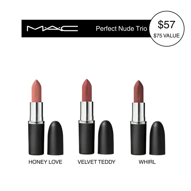 MAC Perfect Nude Trio | Velvet Teddy | Whirl & Honeylove | 12HR Matte Coverage, 3-piece