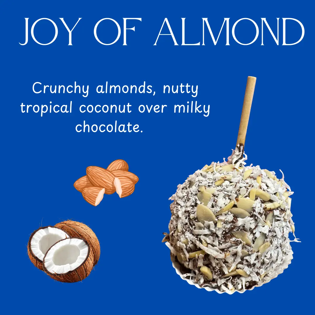 Copperpot Caramel Apple Joy of Almond Think Almond JOY Large Crisp Granny Smith Apple Coated in Signature Copper Pot Caramel with Crunchy Almonds Nutty Tropical Coconut & Milky Chocolate