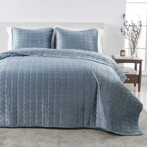 Dual-Sided Velvet Box-Stitched Heavyweight Quilt Set - Great Bay Home (Full / Queen, Steel Blue)