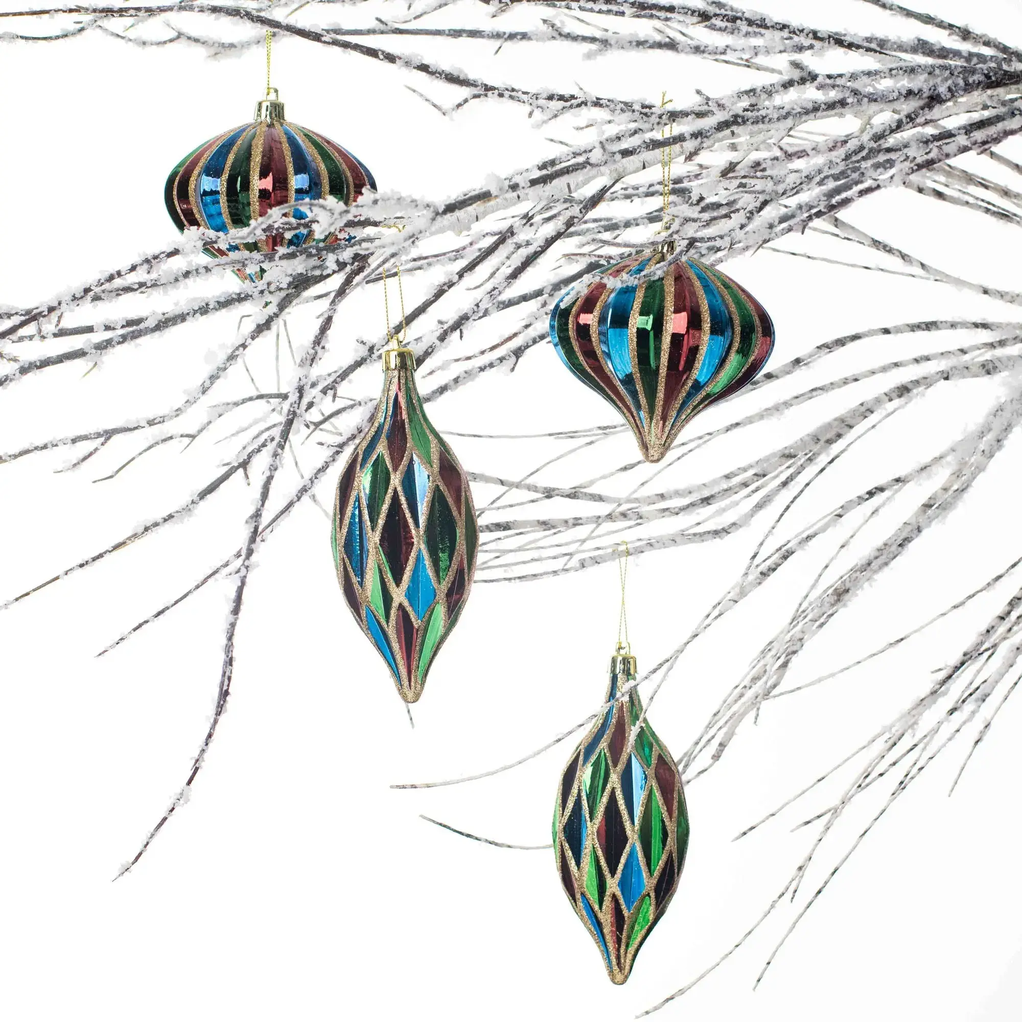 Hangable Rigid Christmas Ornament Set (4-Piece) - 6"/4" Sizes, Multi-Colored Jewel Tones, Gold Sparkle Finials, Imported Gold Decorations Christmas Decor for Holiday Tree