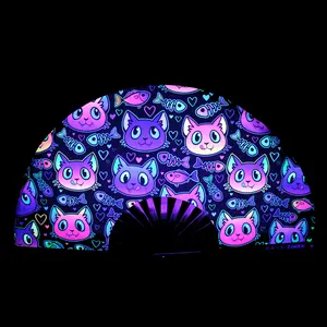 Rave Kitty UV-Reactive Hand Fan | Foldable Bamboo Ribs | Premium Polyester Fabric | Matching Holster | Rave Fan | Festival Fan Decor Light Lightweight Accessory Foldable Cooling Wooden