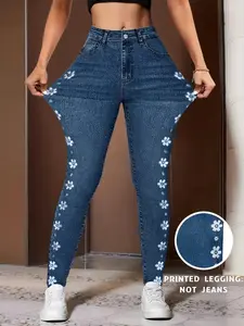 Women's Faux Denim Yoga Pants, Floral Printed Leggings, Tight-Fitting Elastic Waist, Lightweight Comfortable Daily Wear, Jeans Print Effect