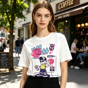 White graphic T-shirt with cartoon boy graffiti print — retro ’90s streetwear tee, trendy Y2K aesthetic for women, casual OOTD top, oversized white tee for street style, Y2K, OOTD, concerts, and everyday wear, cute and edgy graffiti graphic tee — white T-
