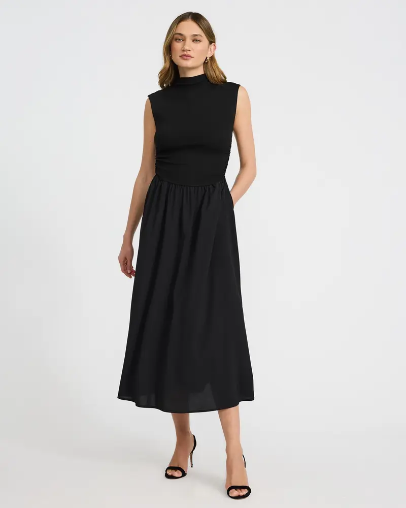 knee length dresses for ladies Sleeveless Mixed Media Midi Dress – English Factory main image 0