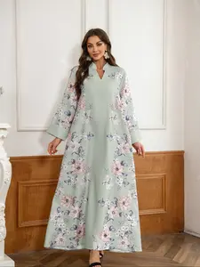 Elegant Long Floral Print Abaya Dress, Loose-Fitting Bell Sleeve, Abayas for Eid, Ideal for Evening Events, Perfect for Eid Celebrations