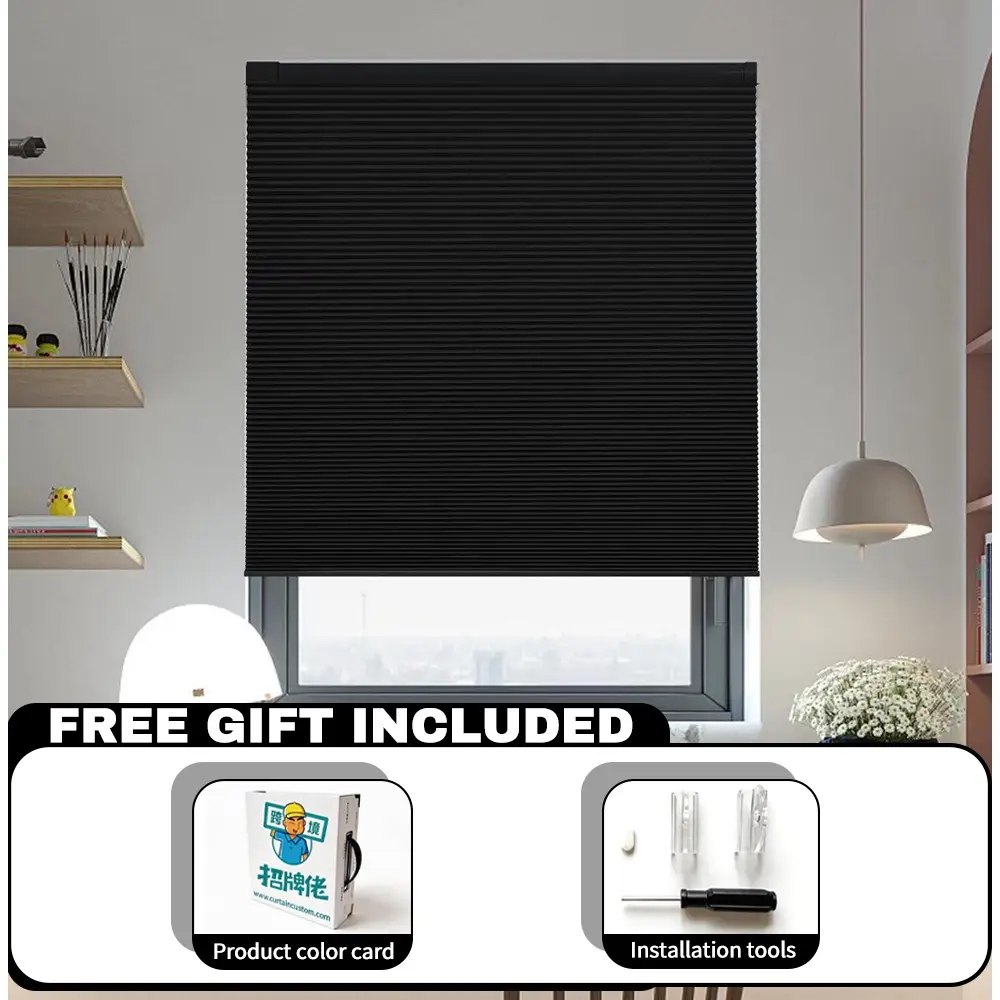 Cordless Honeycomb Blinds No Drill Blackout Cellular Shades, Custom Size Light Blocking Window Cover for Bedroom Kitchen - Black