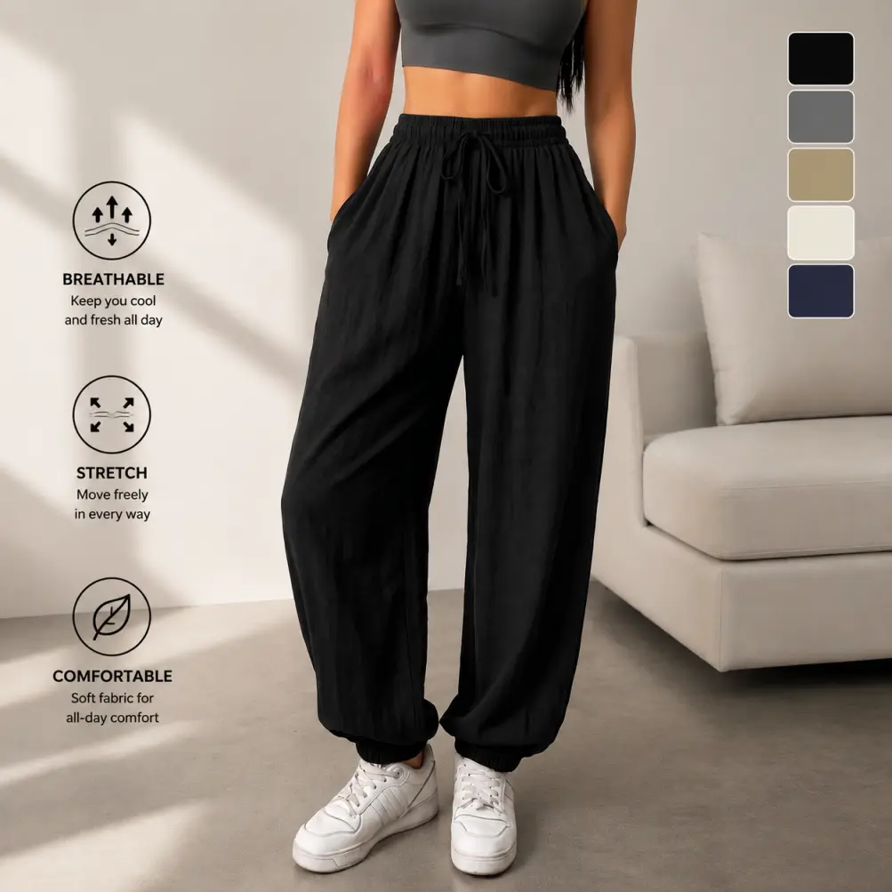 Women’s high-waisted joggers with elastic drawstring, side pockets, lightweight ruched textured fabric, and cuffed ankles; classic linen blend material that is comfortable and breathable, suitable for everyday casual wear, relaxing at home, and outdoor wa