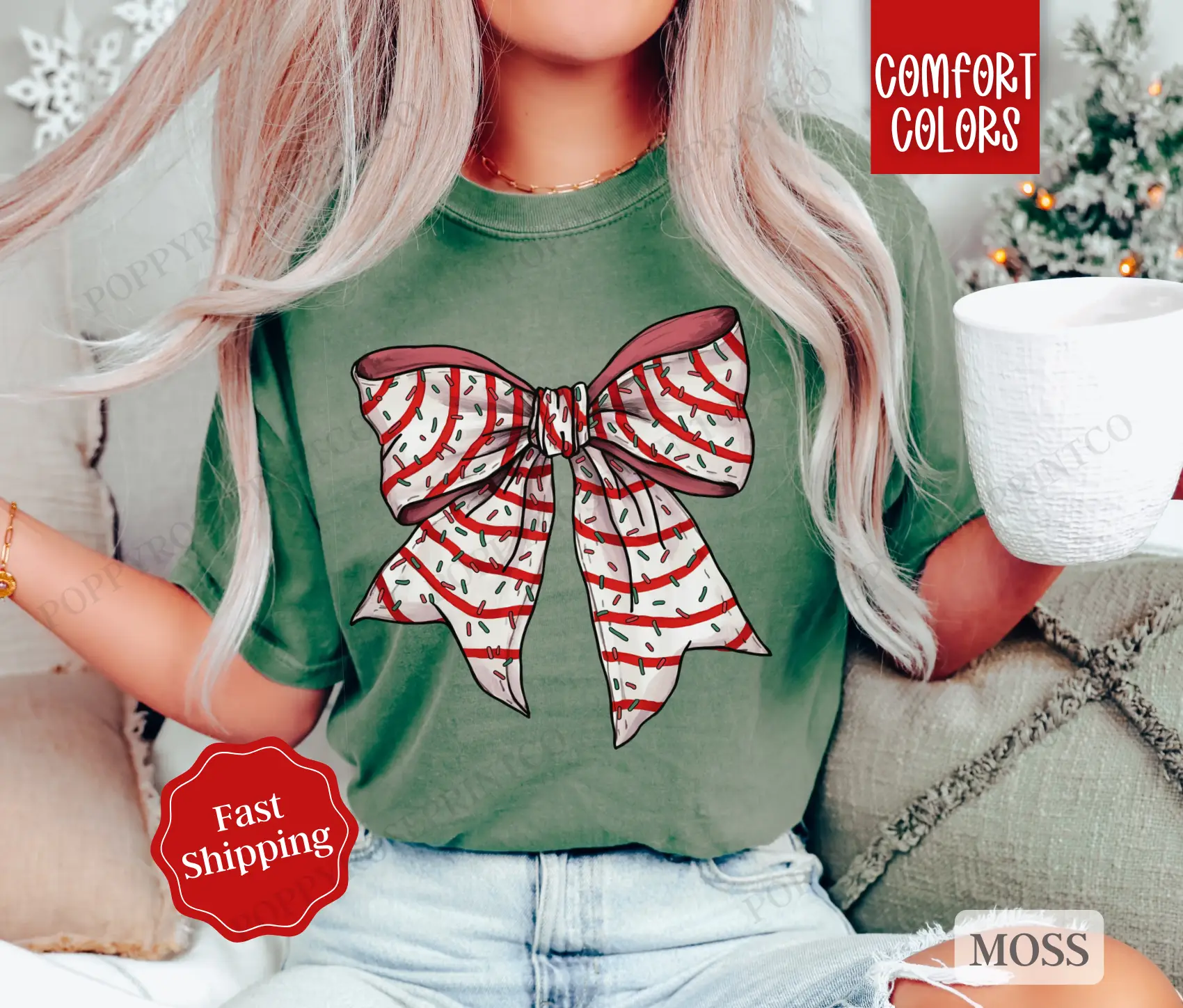 Christmas Cake Bow Shirt Comfort Colors Holiday Tshirt, Women's Holiday Tee christmas shirt retro christmas